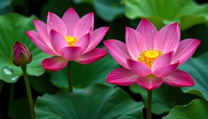 Fototapeta premium Pink lotus flowers and buds with water droplets on lush green leaves, life, tranquil, pond