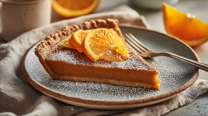 Homemade pumpkin pie slice with orange slices and powdered sugar on ceramic plate