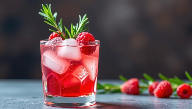 Vibrant gin cocktail with fresh raspberries and rosemary sprigs, refreshing and aromatic, celebration, red