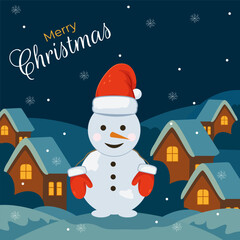 Festive Christmas illustration featuring a cheerful snowman in red gloves and hat, surrounded by snowy houses under a starry night. Perfect for holiday greeting cards or winter designs