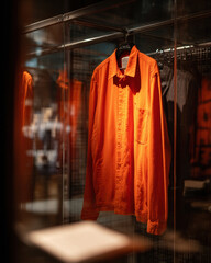 Orange prison uniform hanging in glass display case with reflection and warm lighting in museum setting