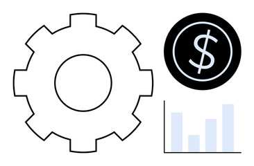 Gear symbolizes process, dollar sign indicates money or profit, and bar graph presents data analysis. Ideal for business, finance, productivity, economy, analytics strategy data. Simple flat
