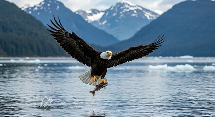 Obraz premium Bald eagle in flight with fish against mountain and lake backdrop