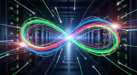 Infinite Data Flow Abstract Digital Infinity Loop with Glowing Trails in a Server Room