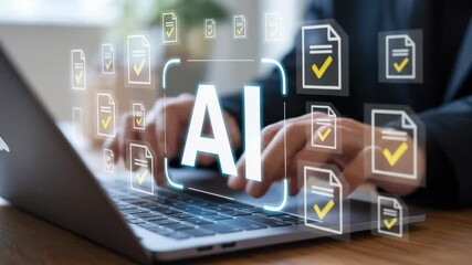 Person using laptop with glowing AI letters and digital icons representing artificial intelligence and automated data processing. - Powered by Adobe