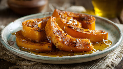 Roasted pumpkin slices with honey and cinnamon on rustic ceramic plate