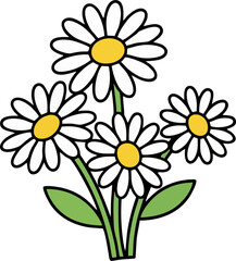 Fototapeta premium Daisy Flower Bouquet Vector, Simple White and Yellow Daisies Cluster with Green Leaves, Flat Cartoon Illustration