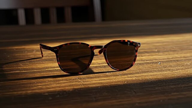 Stylish tortoise shell sunglasses lie on a textured wooden table in warm sunlight