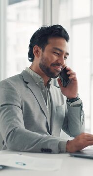 Phone call, finance and business man in office for client negotiation, discussion and consulting. Financial agency, corporate and person on smartphone for investment advisor, contact or communication
