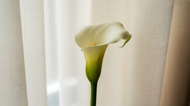 A single elegant white calla lily flower with a green stem stands tall against a soft, blurred background of curtains