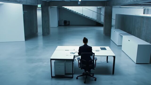 Woman working at desk in empty office interior, back view, monotone