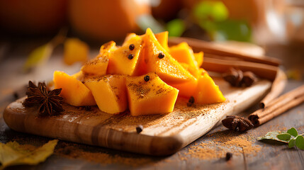 fresh pumpkin cubes with autumn spices on wooden board