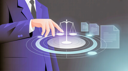 Person interacting with digital scales of justice and legal documents