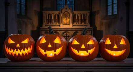 Obraz premium Four carved pumpkins with glowing faces in a church