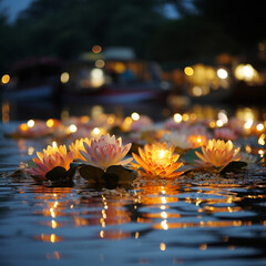 lotus flower in water, water lily and the beautiful candlelight in the pond at night.
