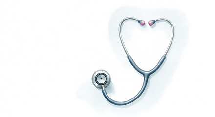 Stethoscope forming heart shape on white, medical stethoscope represents love for doctor's profession. Heart stethoscope with red earbuds symbolizes care for patient, passion in healthcare.