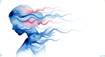 Watercolor painting of girl in profile with flowing hair depicted in blue and red. Flowing hair is artistically rendered, creating a mesmerizing effect, symbolizing grace, freedom,