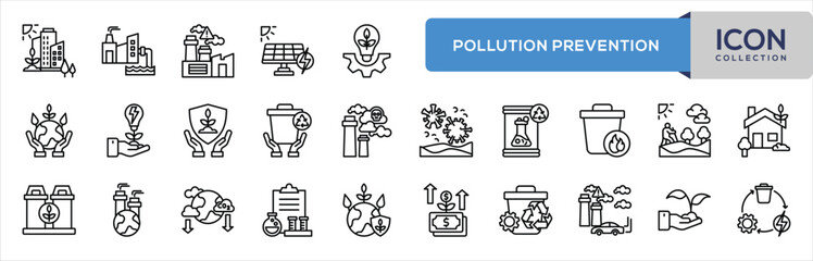 Pollution Prevention Line Icon Collection.  Industrial Waste, Factory, Pollution, Solar Panel, Energy, Green Innovation, Sustainable, Investment, Recycling, Program, Air Pollution, Eco Plant