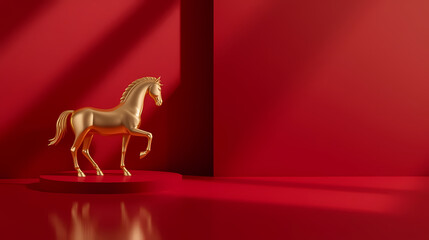 Golden horse statue on red podium for Chinese New Year celebrations
