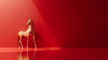 Golden horse statue on red background for Chinese New Year banners