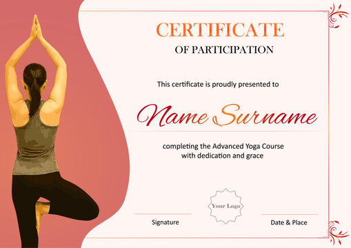 Yoga certificate of participation with wave design, tree pose illustration, and red-white layout. Ideal for advanced yoga training, wellness programs, and fitness recognition.
