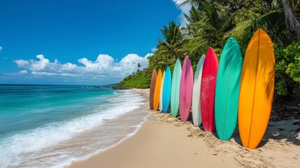 Colorful Surfboards Lined Up on a Pristine Beach Under a Clear Blue Sky with Palm Trees in Background