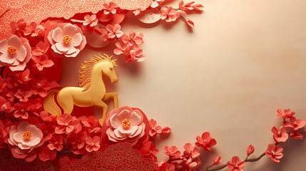 Chinese New Year banner featuring a golden horse and floral decorations