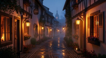 Fototapeta premium Rainy european street at dusk with warm lantern glow