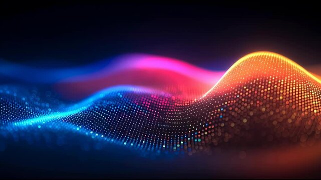 Wavy mesh structure morphs and illuminates. The colors gradually transition from blue to purple as the glowing entity moves across a black background.