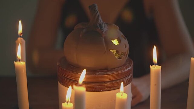 Pumpkin. Wax candles. Halloween pumpkin. Slow motion. High quality 4k footage