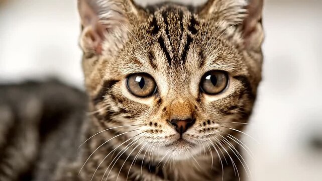 Adorable tabby kitten with captivating amber eyes gazes intensely, perfect for pet lovers and cozy themes.