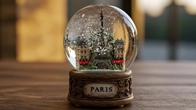 A beautiful Paris snow globe sits on a wooden table, featuring the Eiffel Tower and classic buildings.