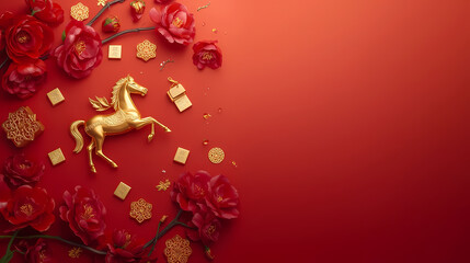 Chinese New Year banner with golden horse and red flowers