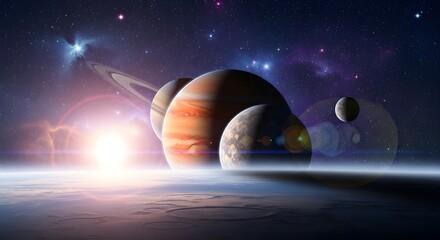 Cosmic panorama of planets and stars in a nebula