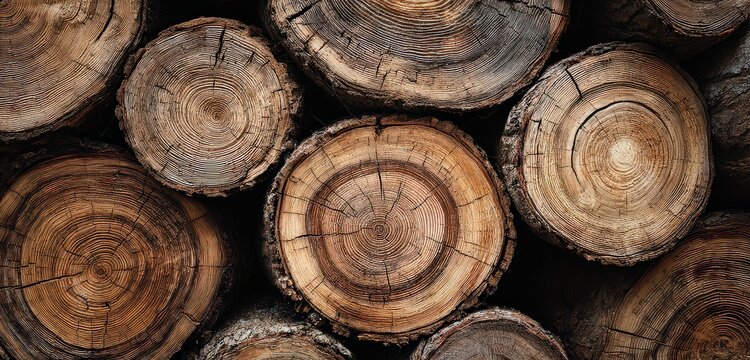 Abstract Close Up View of Stacked Cut Tree Logs with Wood Grain Texture in Brown Tones