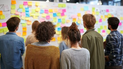 Obraz premium Back View of Students Engaged in Collaborative Brainstorming Session with Colorful Sticky Notes