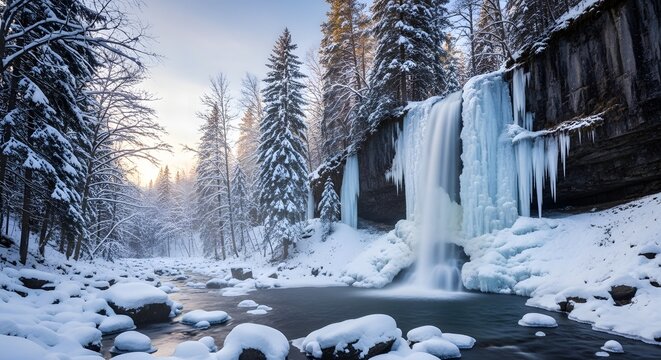 Frozen waterfall in a snowy winter forest landscape