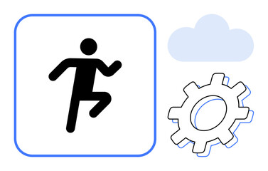 Human figure running within a square, cloud shape, and gear outline. Ideal for teamwork, progress, efficiency, innovation, digital transformation problem-solving and business development. A simple