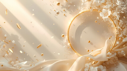 Elegant golden circle with floral elements and soft fabric background