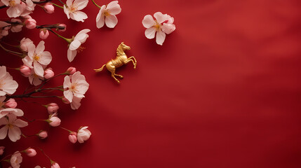 Chinese New Year banner with golden horse and cherry blossoms