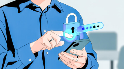 Person using smartphone with lock and password icon