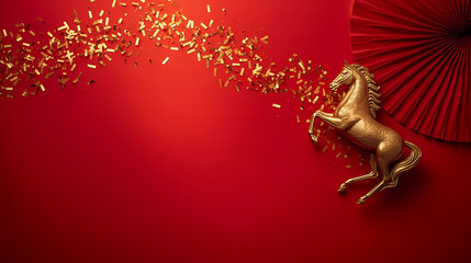 Chinese New Year banner with golden horse and confetti