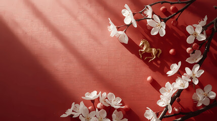 Chinese New Year banner with golden horse and cherry blossoms