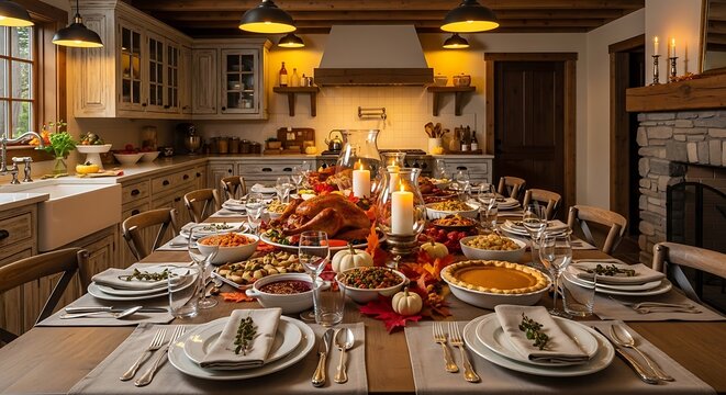 A thanksgiving feast set on a long table in a rustic kitchen with a turkey and many side dishes