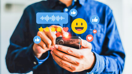 Person using smartphone with social media icons and emojis