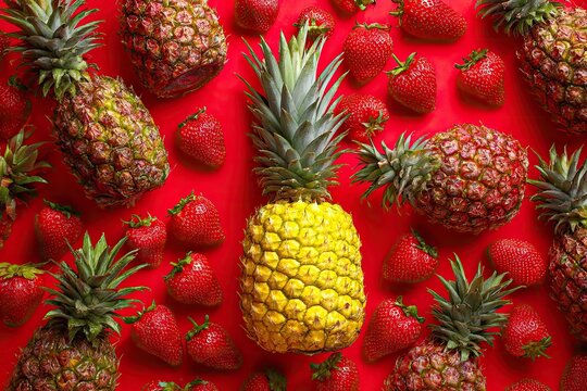 Pineapples and bright red strawberries scattered on a red background