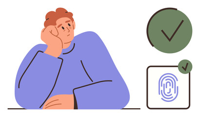 Thoughtful individual resting hand on face next to checkmark and fingerprint icons. Ideal for decision-making, security, authentication, approval, evaluation, reflection, and efficiency concepts