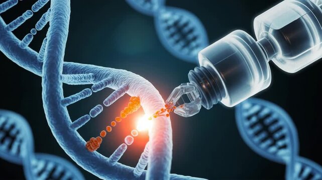 Cutting edge gene editing technology manipulates DNA helix structure with precision robotic arm for revolutionary medical breakthroughs and scientific discovery