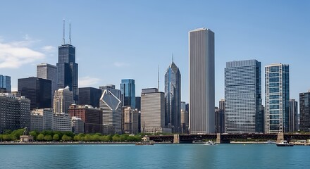 Naklejka premium Iconic chicago skyline with towering skyscrapers and the blue waters of lake michigan on a clear day