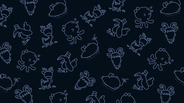Pattern of Cute Reindeer and Santa Hats Line Art on Dark Background